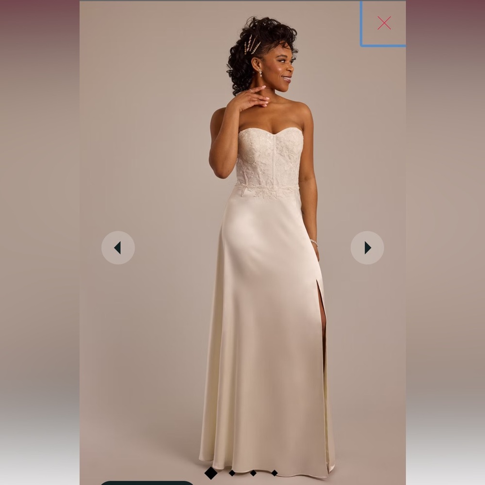 lace appliqued strapless charmeuse wedding dress